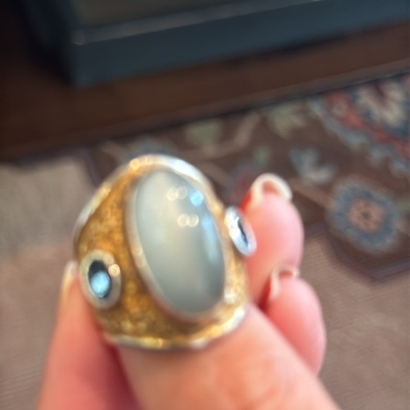Grey Moonstone w small side sapphires Ring with Gold Plate Coloring - Picture 3 of 7